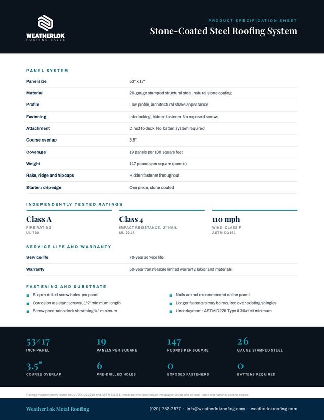 Page one of the WeatherLok product specification sheet