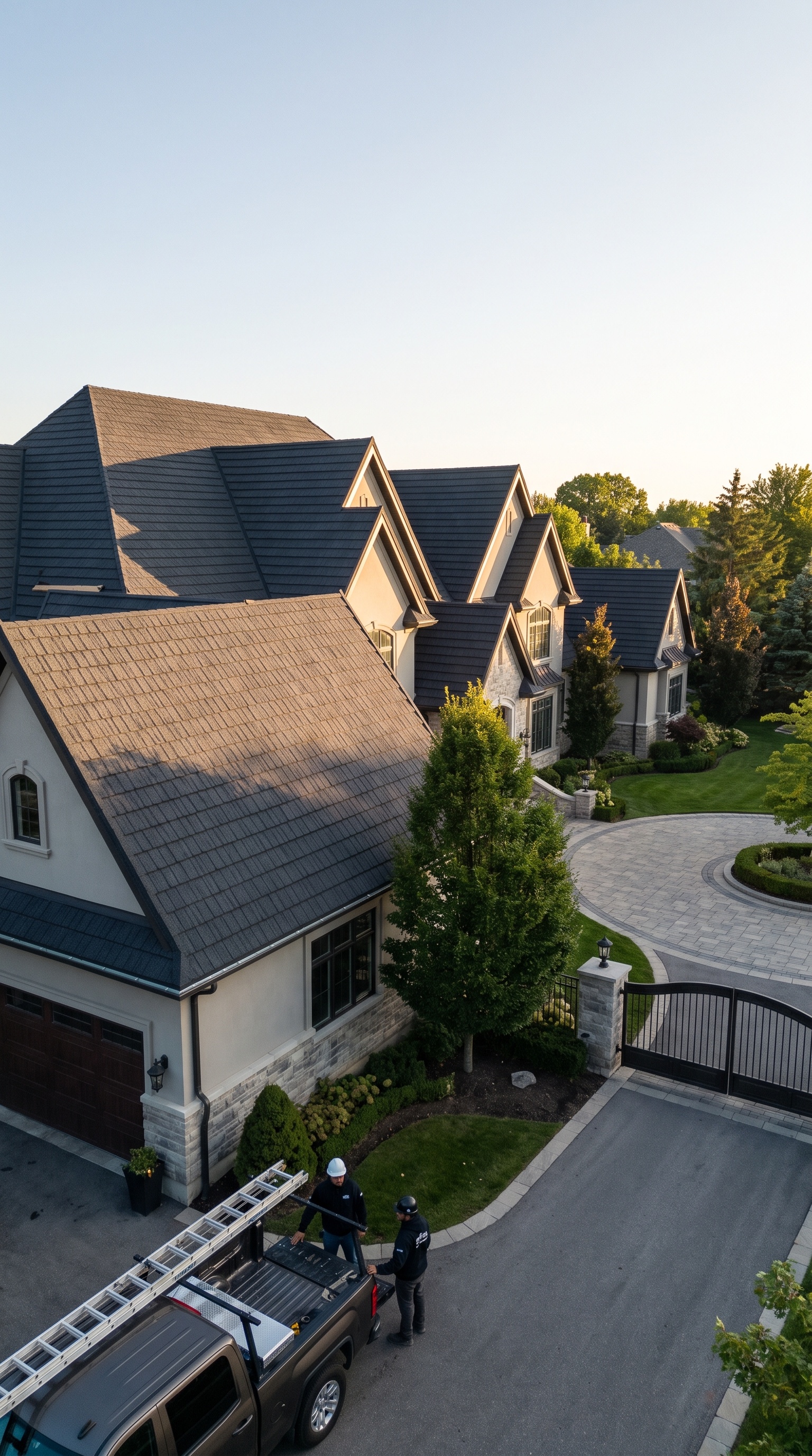 Finished WeatherLok charcoal metal roof on a large estate at golden hour