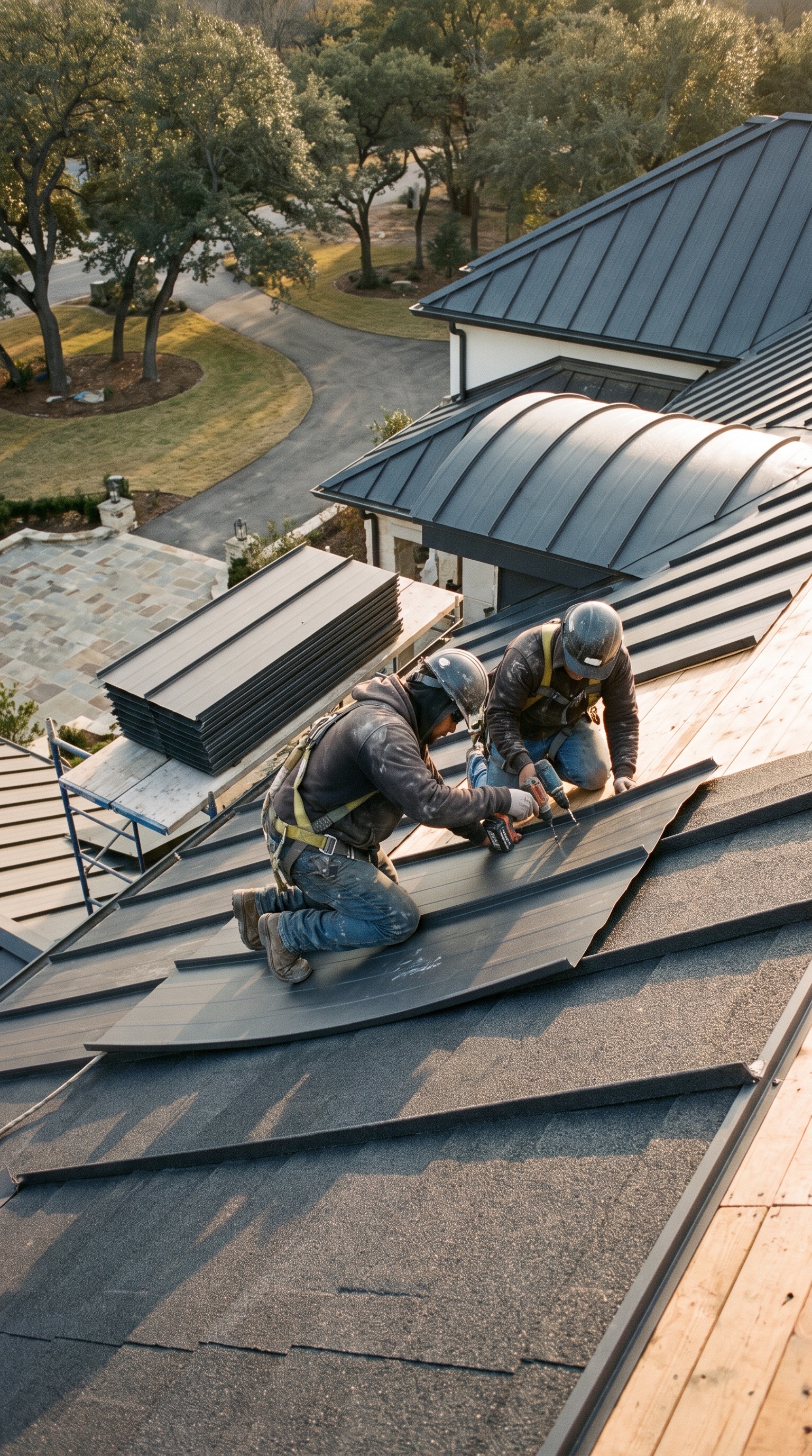 Roofers setting interlocking WeatherLok panels on a steep estate roof