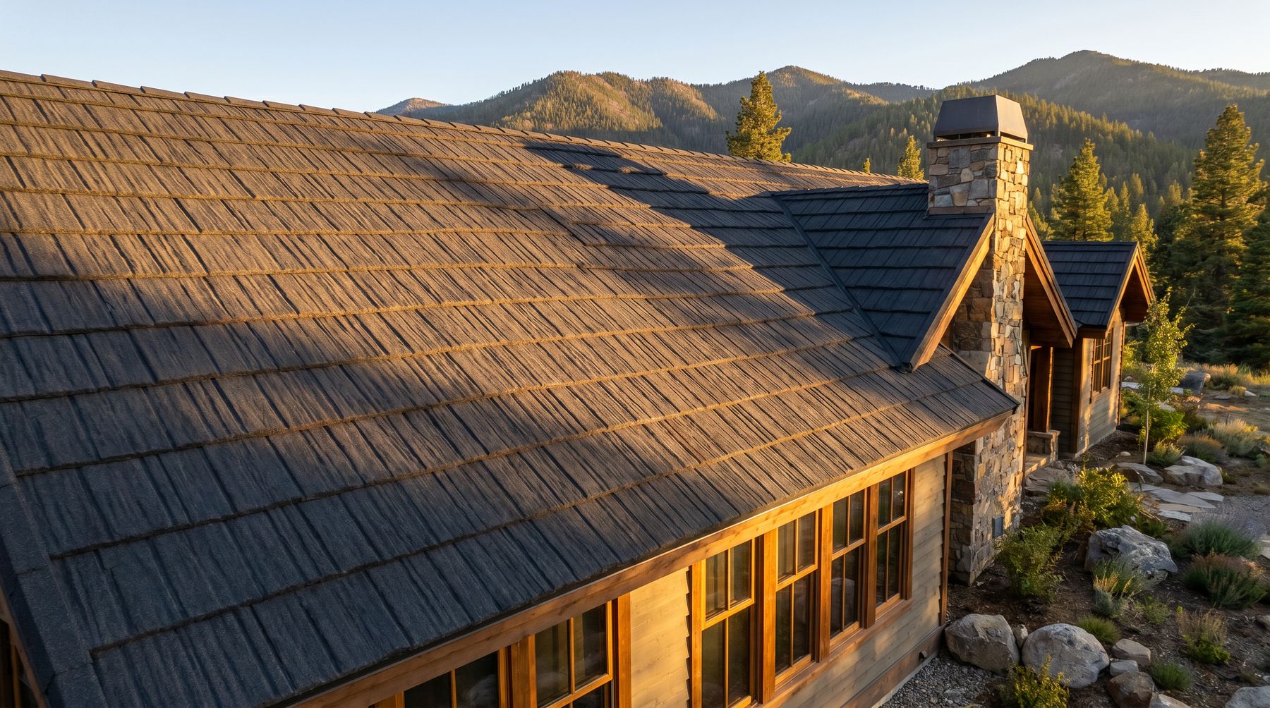 Mountain-west home with a WeatherLok charcoal shake roof at golden hour