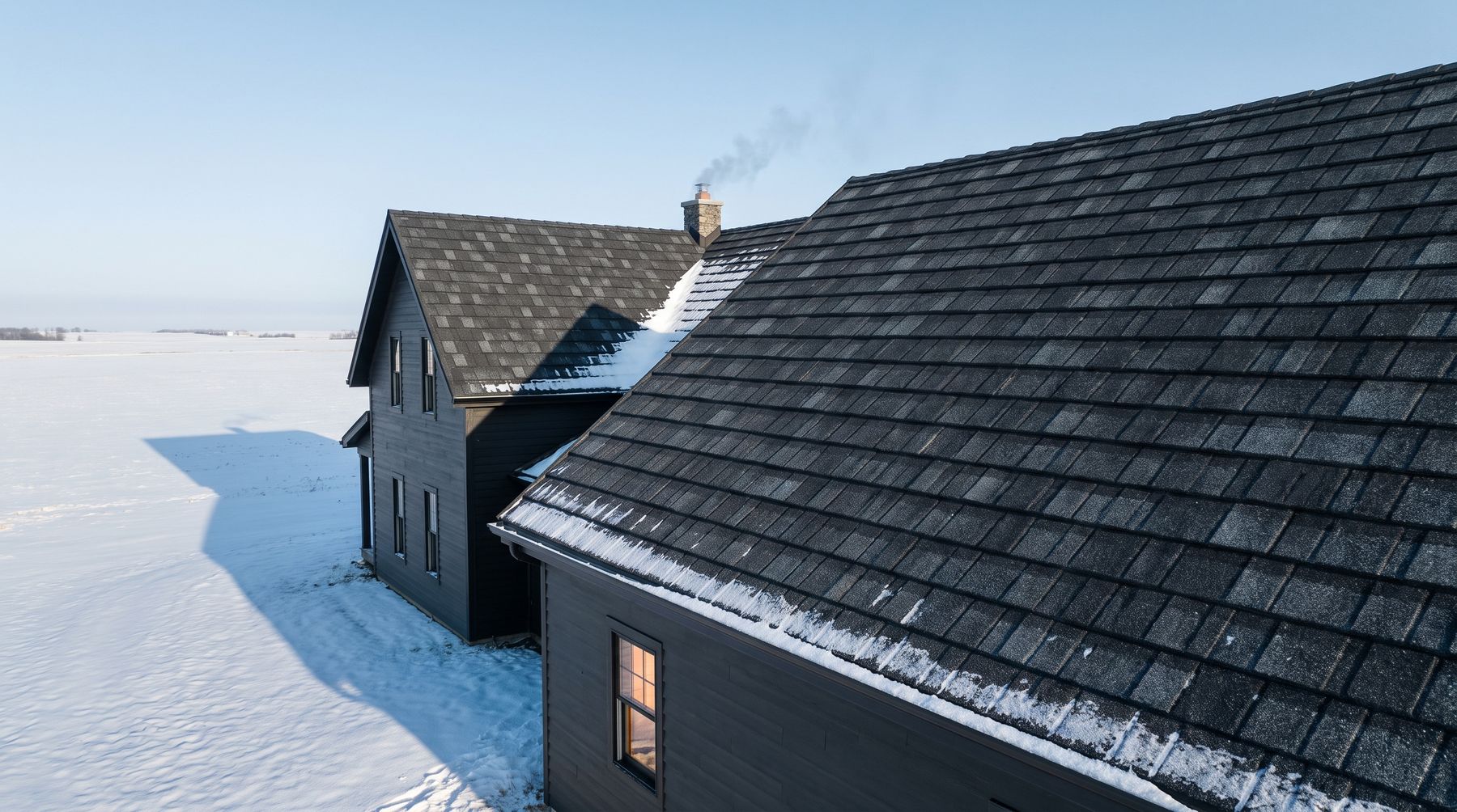 Northern farmhouse with a WeatherLok charcoal steel roof in fresh snow