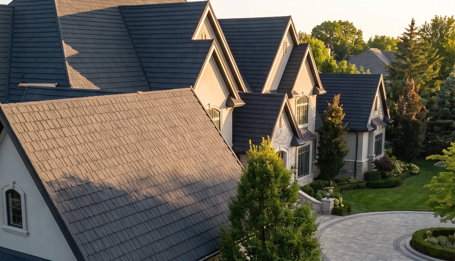 Estate homes with WeatherLok stone-coated steel shake roofs at golden hour