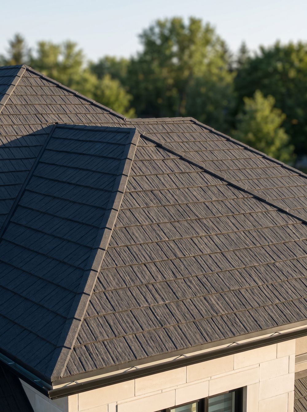 Charcoal Shake roof corner on an upscale home
