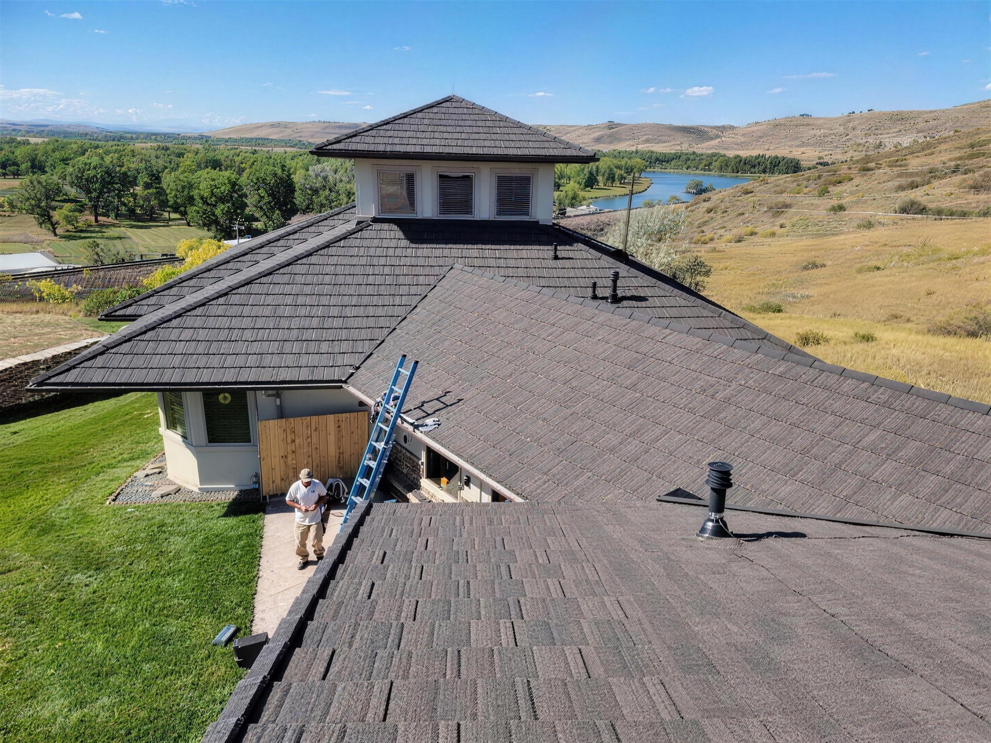 WeatherLok stone-coated steel shake roof overlooking a lake