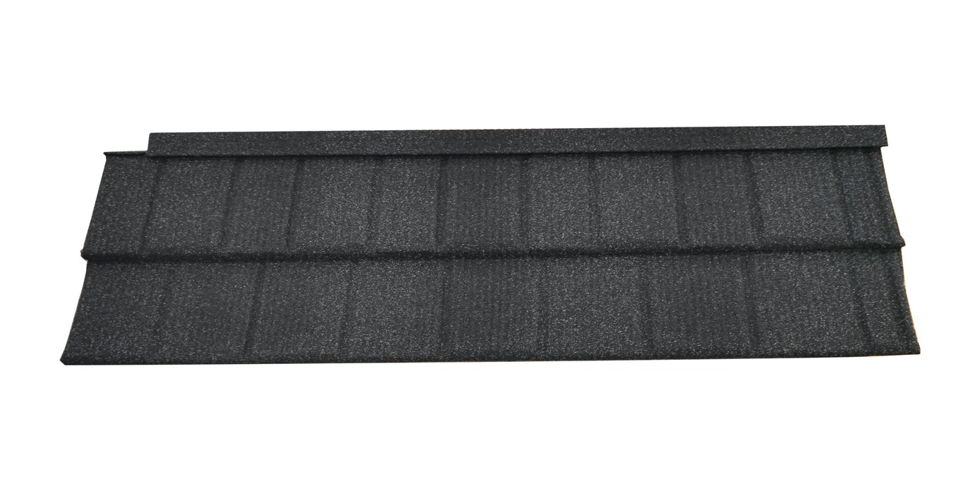 A WeatherLok Charcoal Slate Shingle panel, stone-coated steel