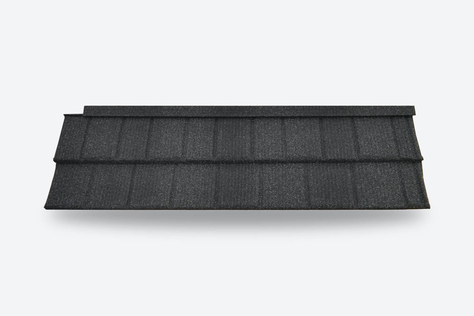 A WeatherLok Charcoal Slate Shingle panel, stone-coated steel