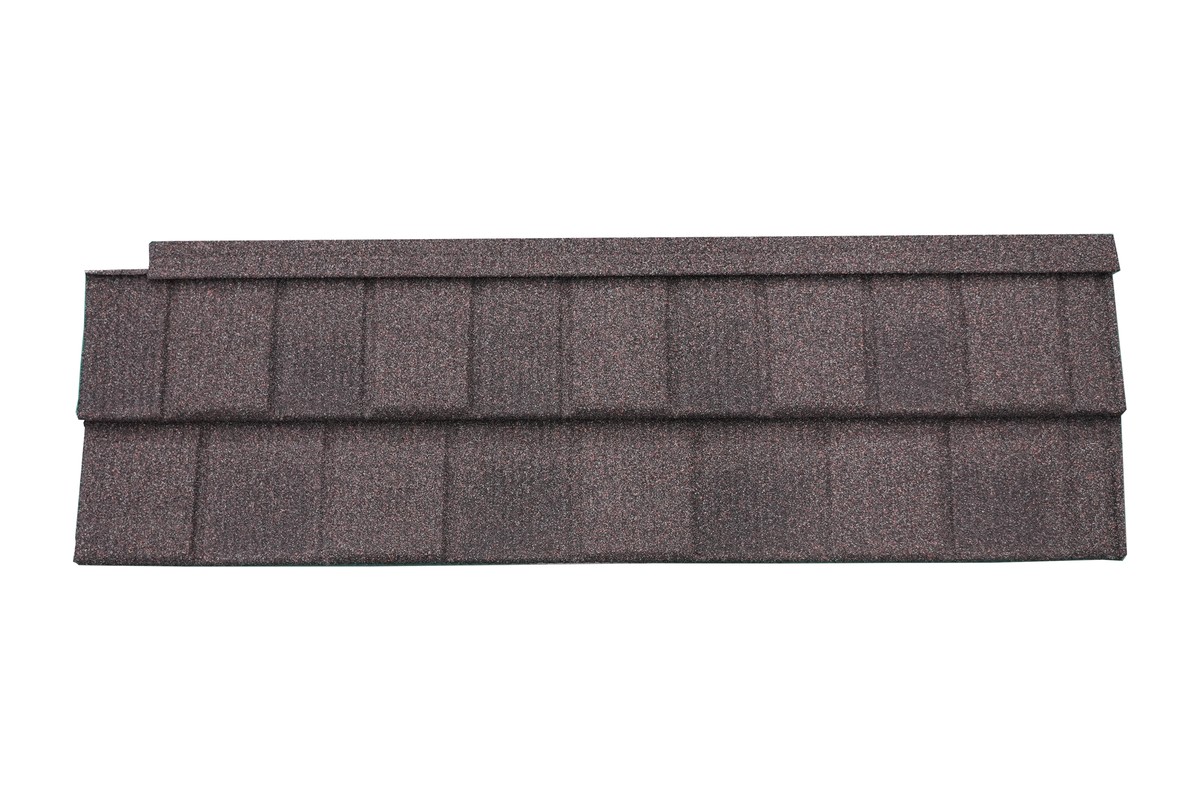 A WeatherLok Weatherwood Slate Shingle panel, stone-coated steel